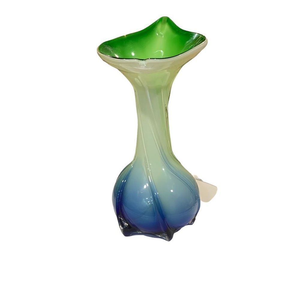 Jack in the Pulpit Vase Vintage 1950s Hand-Blown Glass Blue Green‎ White 8”